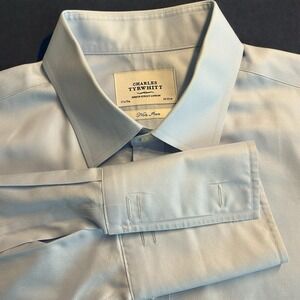 Mens Charles Tyrwhitt Non Iron Dress Shirt French Cuff Solid Blue 17.5 35